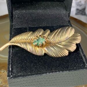 Gold Leaf Brooch with Green Accent